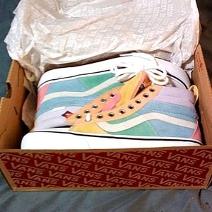 Vans, 8.5 woman's, 7 men's, pink, blue, yellow
